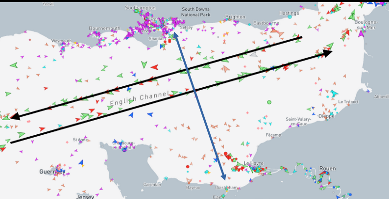 Map of the English Channel showing the two shipping lanes (black arrows) and the Ouistreham–Portsmouth ferry crossing track (blue arrow)